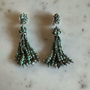 Kendra Scott Silver and Green Beaded Tassel Earrings clip on